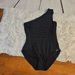 Calvin Klein One Shoulder Swimsuit Black Ruched One Piece Bathing Suit, Sz‎ 12